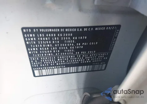 2022 Volkswagen Taos 1.5T Se из США, поврежденный, VIN 3VVPX7B28NM028734